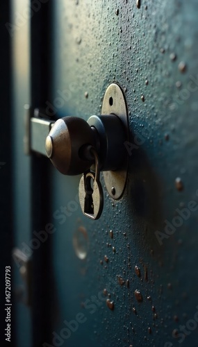 A close-up shot of a locked metal box with a keyhole, suggesting confidential information and secure access The image emphasizes secrecy and protection of sensitive data , password, confidential