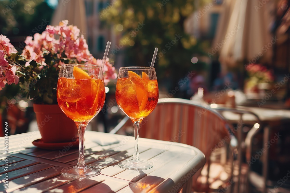 Refreshing cocktails served on a sunlit patio surrounded by vibrant flowers in a lively outdoor cafe during the afternoon Refreshing cocktails served on a sunlit patio surrounded by vibrant flowers in a lively outdoor cafe during the afternoon