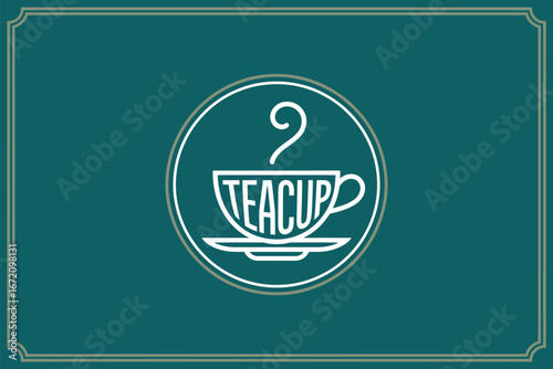 A teacup logo with the word teacup inside of it on a teal background with a border design around it