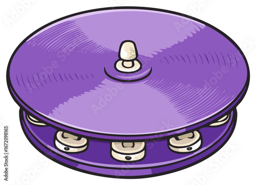 Vibrant purple tambourine with metal jingles and a hand grip in a studio illustration style