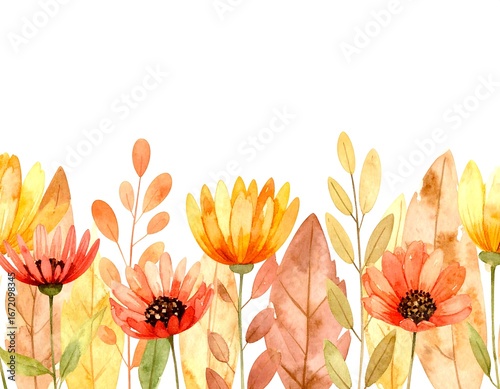 Fototapeta Naklejka Na Ścianę i Meble -  Watercolor autumn floral border with orange and yellow flowers and leaves on white background