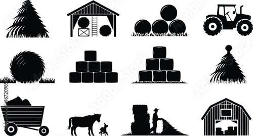 Farm icons collection rustic countryside agriculture barn tractor hay trees horse silhouettes