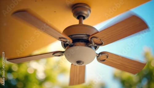 Refreshing Summer Breeze Close-Up of a Rotating Ceiling Fan Gently Spinning, Ideal for Home Improvement, Relaxation, and Cooling Concepts