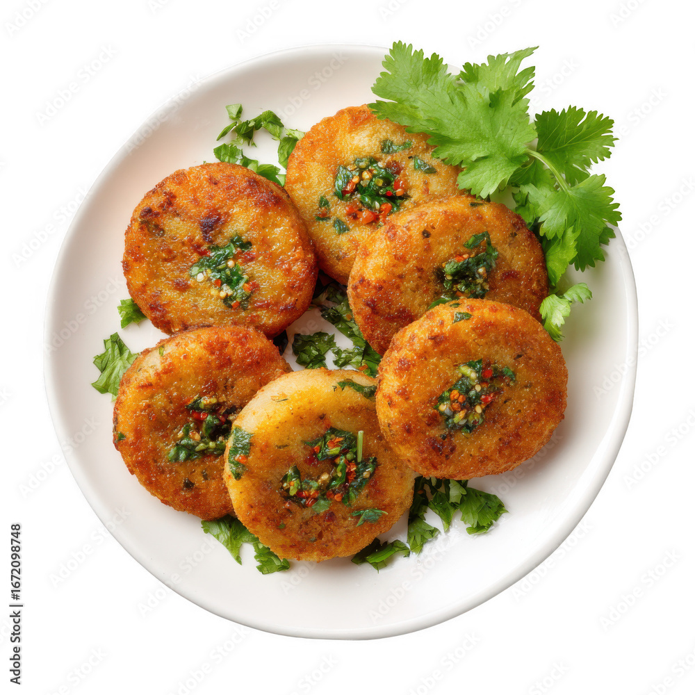 Fototapeta premium Aloo Tikki on a plate isolated [Transparent Background PNG].