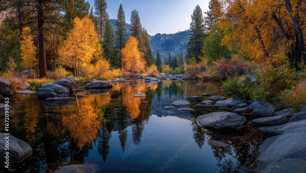 Obraz premium Serene autumnal scene a calm river reflects vibrant golden and orange foliage of trees lining its banks, large grey rocks dot the foreground and background.