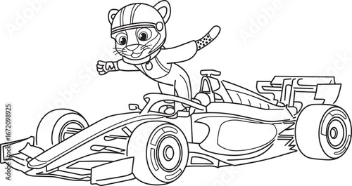 Cartoon Cat Racing Driver in Formula One Car Line Art Illustration Speed Champion