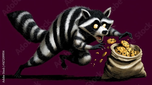 Cartoon Raccoon Sneaking With A Bag Of Cookies Displaying Mischievousness And Stealth