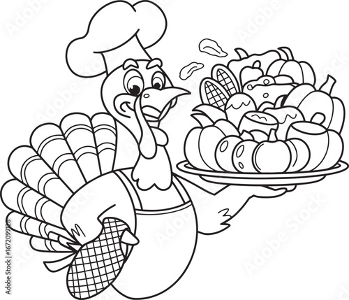 Chef Turkey Serving Vegetables Outline Illustration for Coloring Book Pages and Design