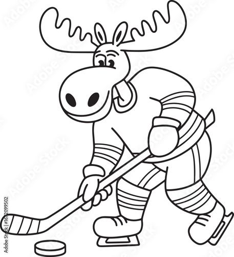 Hockey Moose Outlined Illustration Animal Athlete Cartoon Character Sporty Fun Design