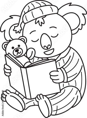 Koala Reading Book with Teddy Bear Line Art Illustration Design for Children's Content
