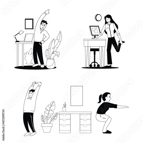 Workplace Yoga and Stretching Outline Icon Collection