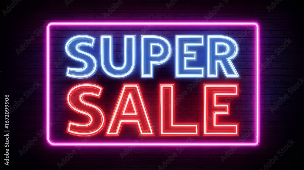 Obraz premium Neon light typography poster about super sale in dark background