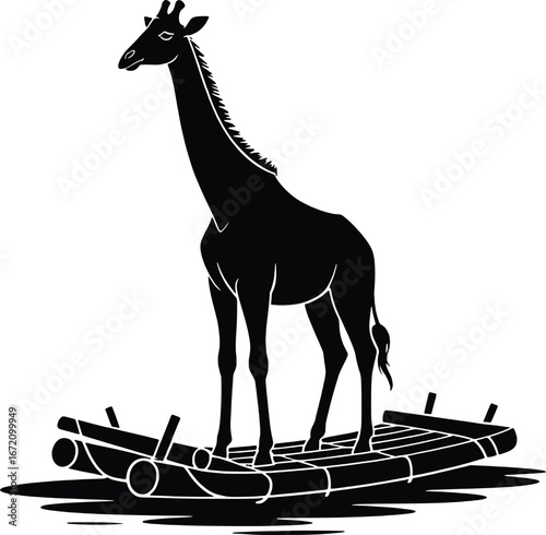 Silhouette of a graceful giraffe standing on a rustic wooden raft in silhouette
