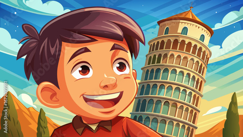  close up portrait Funny Asian girl supporting famous leaning tower in Pisa. Travel concept