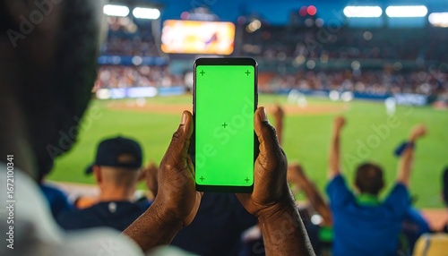 Person holds green screen phone at baseball game