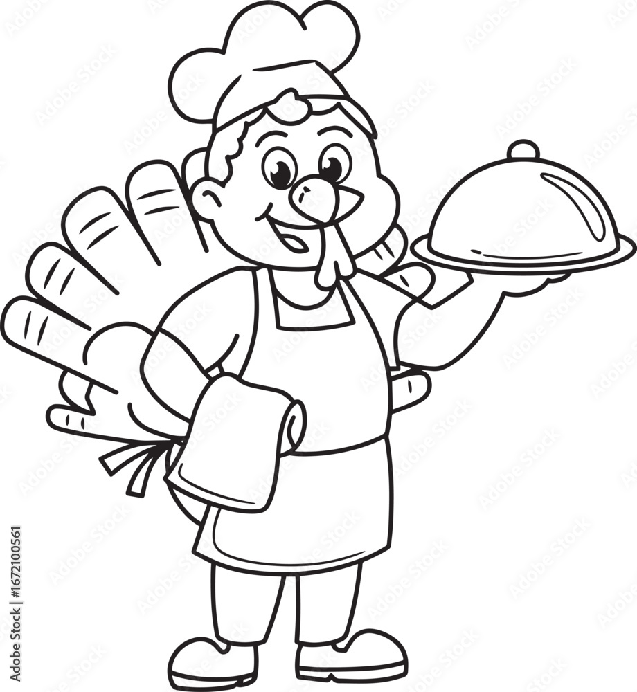 Fototapeta premium Turkey Chef Serving Platter Cartoon Character Line Art for Culinary Themed Designs