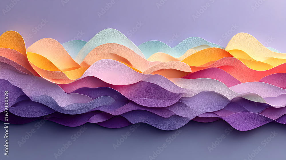 Fototapeta premium Abstract image of layered pastel colored shapes resembling hills or waves.