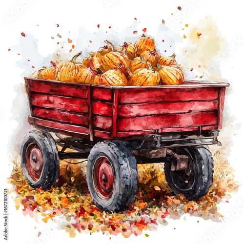 Hayride Through Autumn Farm, watercolor painting vector, isolated on a white background.