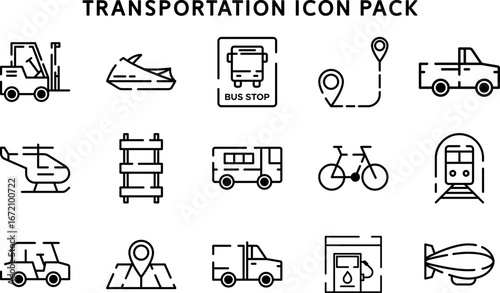 Transportation Icon Pack Featuring Various Modes and Types of Vehicles and Icons