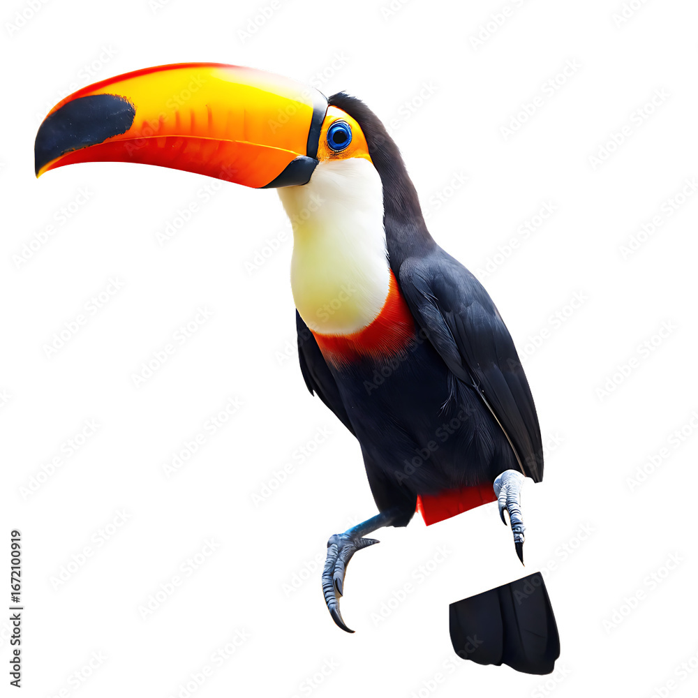 Naklejka premium toucan perched vibrant on a branch isolated on white background, png, ai generated.