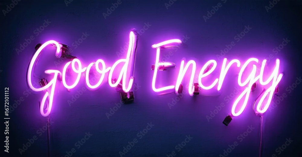 Bright purple neon sign displays Good Energy. Wall background is dark blue. Simple, modern aesthetic. Positive message, vibrant illumination.