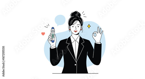 A professional woman holding a device gesturing with okay sign showing excellence and skill development