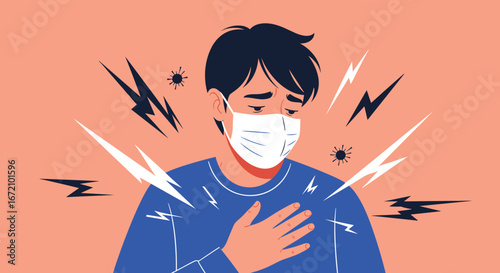 Man with mask feeling unwell experiencing symptoms of illness surrounded by stylized virus particles and sharp pain lines