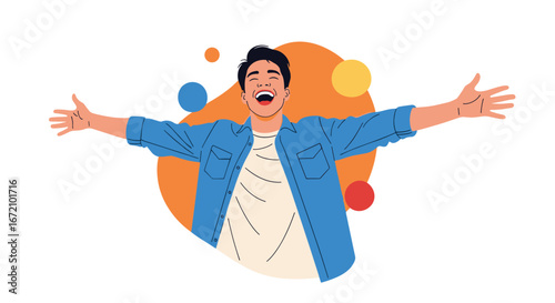 Enthusiastic young man celebrating success with open arms surrounded by colorful bubbles and geometric shapes