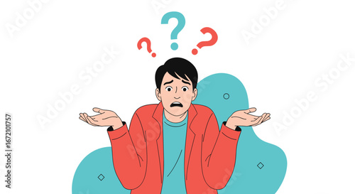 Confused man shrugging shoulders under question marks uncertainty and doubt expressed by young person face emotions and gestures of surprise