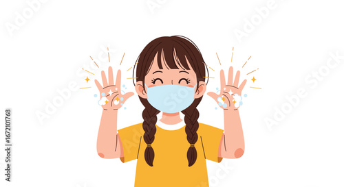 Happy young girl wearing a mask shows clean hands after washing them thoroughly promoting good hygiene practices