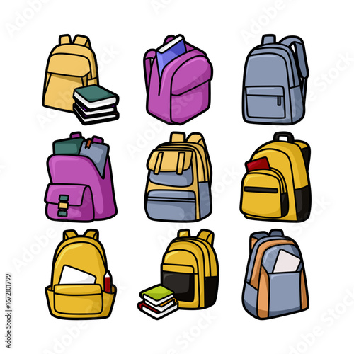 Set of colorful cartoon backpacks with books isolated on white background