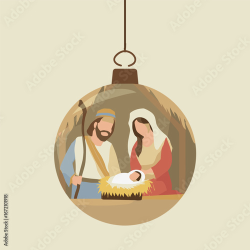 Nativity scene ornament featuring Mary, Joseph, and baby Jesus in a simple, rustic design for Christmas decoration