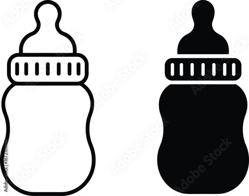 Baby bottle silhouette, infant feeding bottle vector, milk bottle outline, baby care essentials, black and white baby bottle icon