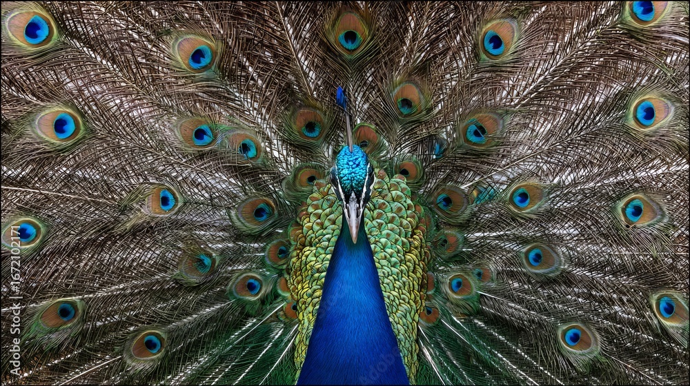 Fototapeta premium Close-up of a peacock with fully fanned tail feathers showing intricate symmetrical patterns, vibrant blue and green plumage, iconic eye designs, and natural elegance in vertical composition
