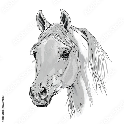 A beautiful handdrawn sketch of an Arabian horse head portrait in black and white.