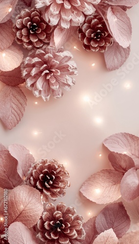 Pastel pinecone leaves clustered softly glowing faintly in muted tones across calming pale background