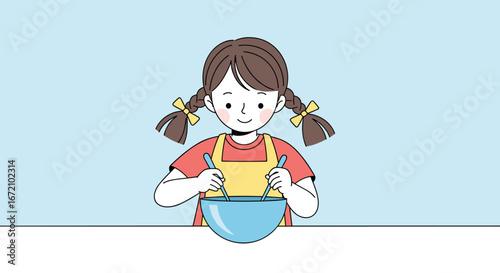 Little chef prepares delicious meal with mixing bowl and utensils stirring ingredients in kitchen