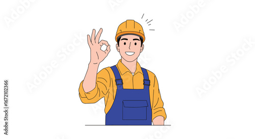 Skilled construction worker gives positive ok gesture showing satisfaction with project completion and quality workmanship