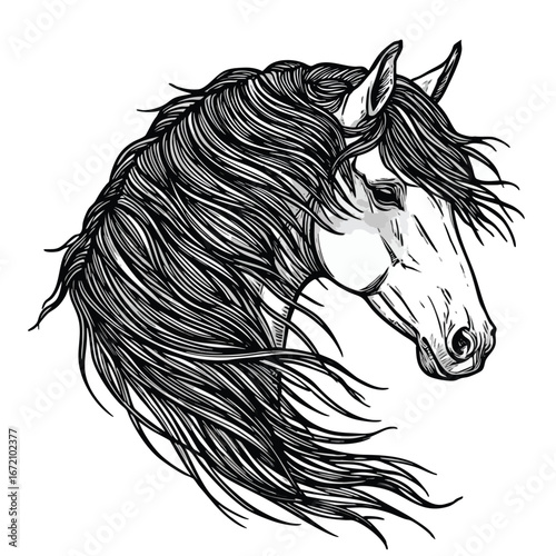 A detailed black and white handdrawn illustration of a majestic horse head with a long flowing mane.
