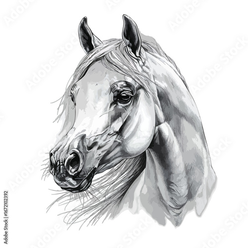 A detailed black and white artistic sketch of a majestic Arabian horse head with a flowing mane.