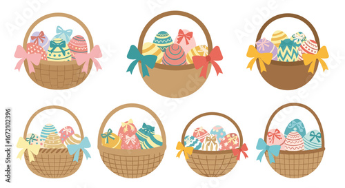 Charming easter baskets overflowing with colorful decorated eggs and ribbons adorn each handle