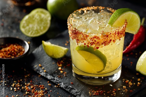 Refreshing spicy margarita served on a slate surface with lime wedges and chili powder for garnish during a vibrant summer evening gathering