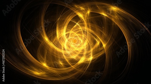 Radiant bright yellow glowing threads forming layered spiral pattern, abstract swirl of digital energy, futuristic light waves, luminous vortex, glowing fiber lines, dynamic motion, technology concept