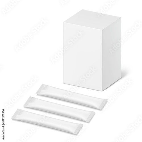 Blank package stick mockup with paperboard box mockup. Flat lay view. Vector illustration isolated on white background. Can be use for food, cosmetic, medicine and etc. EPS10.