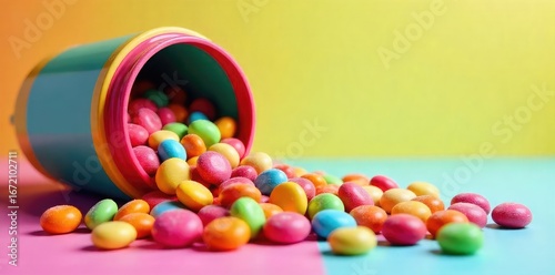 Colorful Candy Spill A Joyful Sweet Treat Scene of Vibrant Hues and Sugary Delights Spilling from a Bright Container onto a Colorful Background, Evoking Pure Happiness and Delight