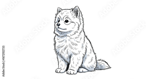 A charming sketch of a fluffy puppy sitting pretty with a curious expression on its face