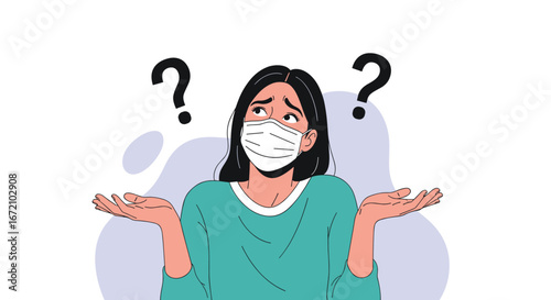 Woman wearing a face mask shrugs with uncertainty surrounded by question marks illustrating confusion about health precautions and public safety measures