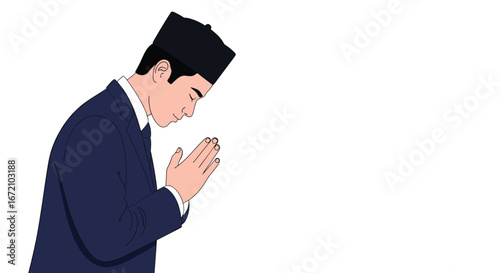 A man wearing a traditional islamic cap and suit bows respectfully with hands clasped together