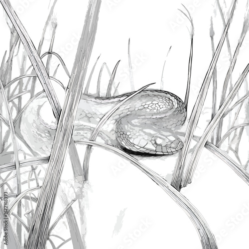 A detailed black and white pencil sketch of a coiled snake hiding in tall grass.