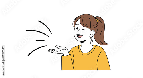 Young woman winking and blowing kiss with open hand in a fun illustration style